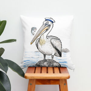 Kissen: Pelican Standing Proud on Rock Ink Illustration