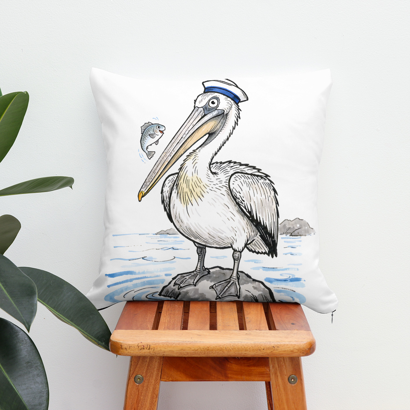 Kissen: Pelican Standing Proud on Rock Ink Illustration