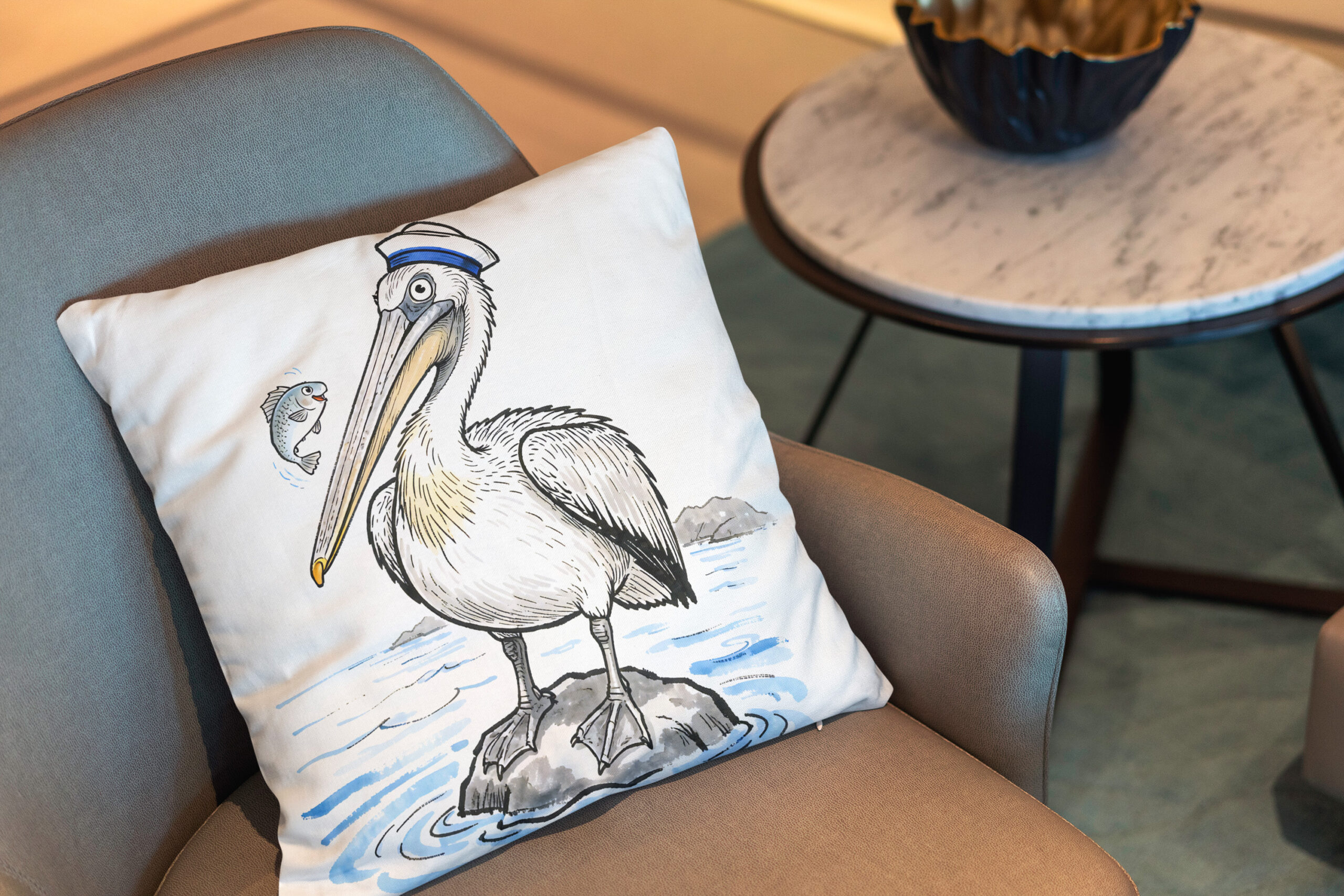 Kissen: Pelican Standing Proud on Rock Ink Illustration – Image 2