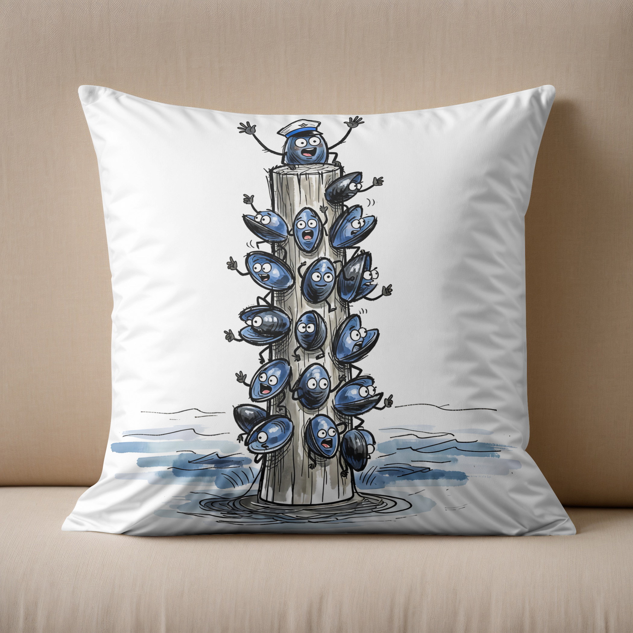 Kissen: Chatty Mussel Gang Talking Together Marine Ink Illustration