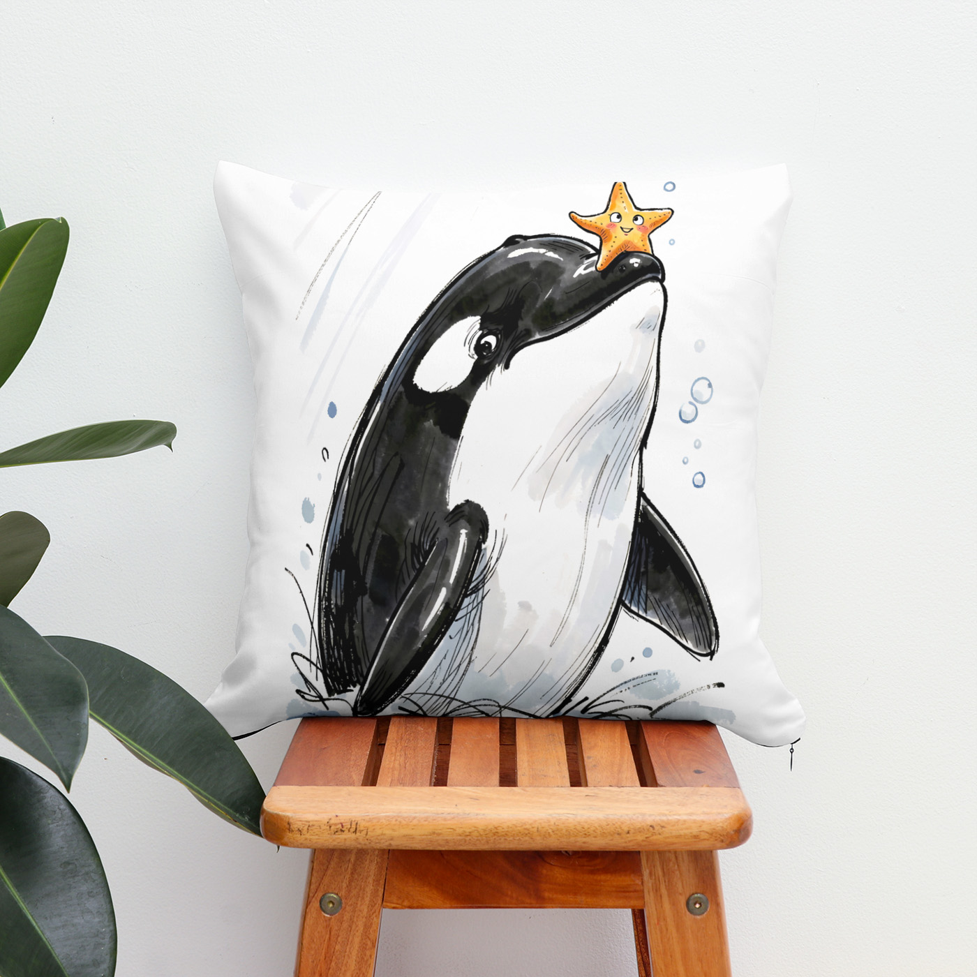 Kissen: Orca Balancing Starfish Playfully Marine Ink Illustration