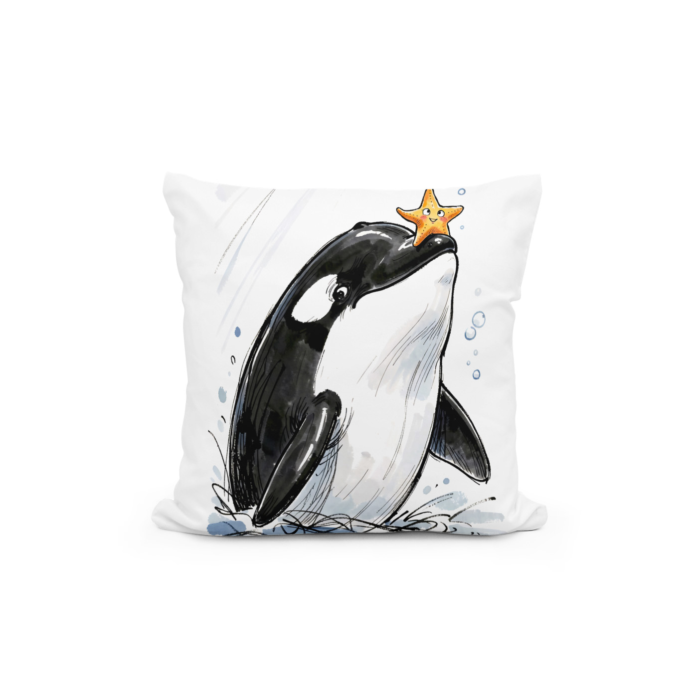 Kissen: Orca Balancing Starfish Playfully Marine Ink Illustration - Imagen 2