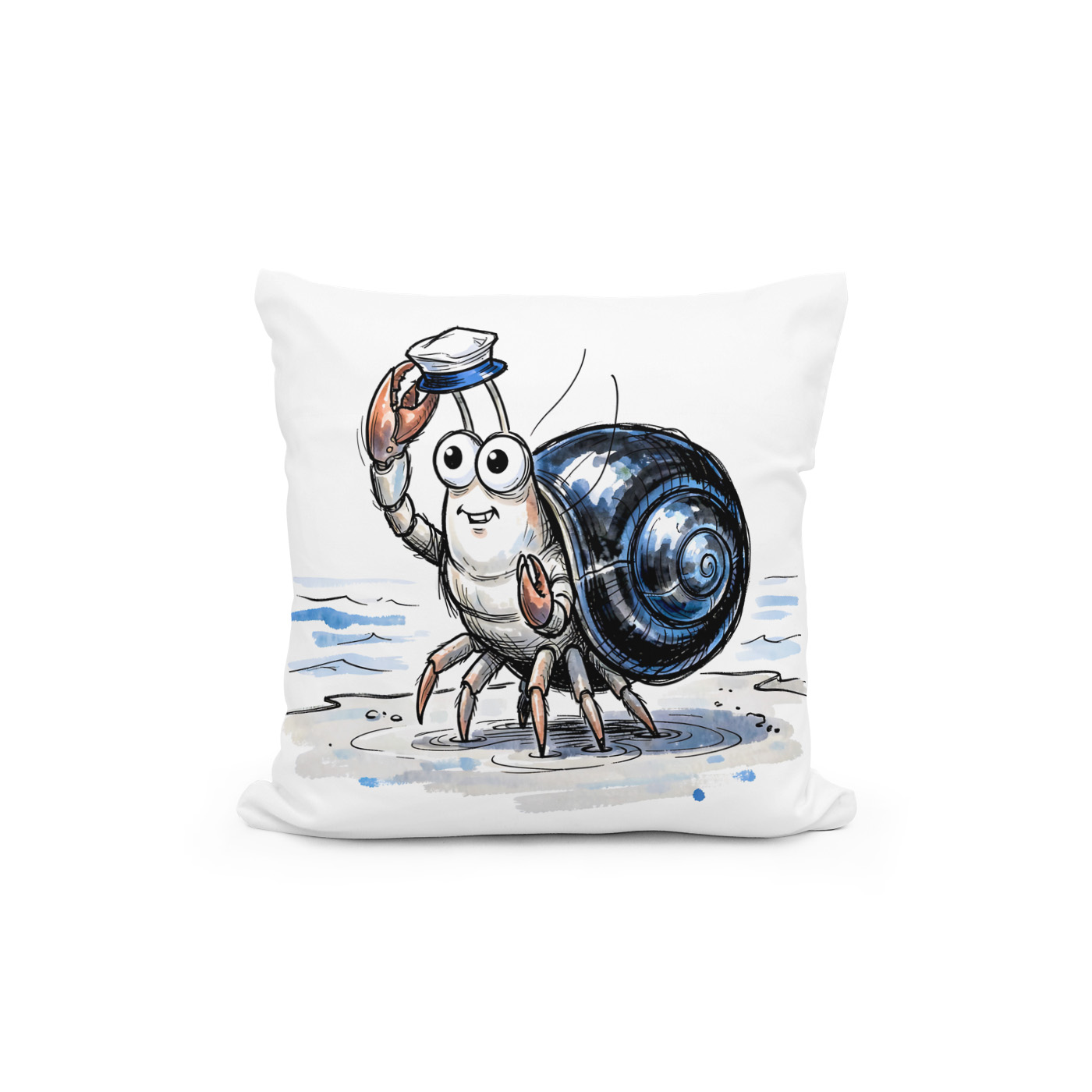 Kissen: Hermit Crab Waving Cheerfully in Marine Ink Illustration – Image 2