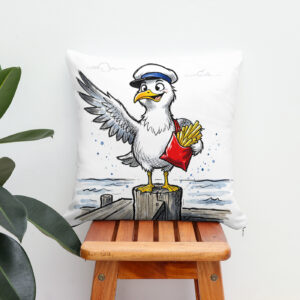 Kissen: Seagull Stealing French Fries Marine Ink Illustration