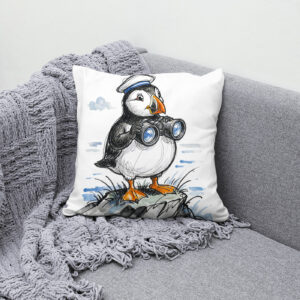 Kissen: Puffin Scouting Horizon with Binoculars Ink Illustration