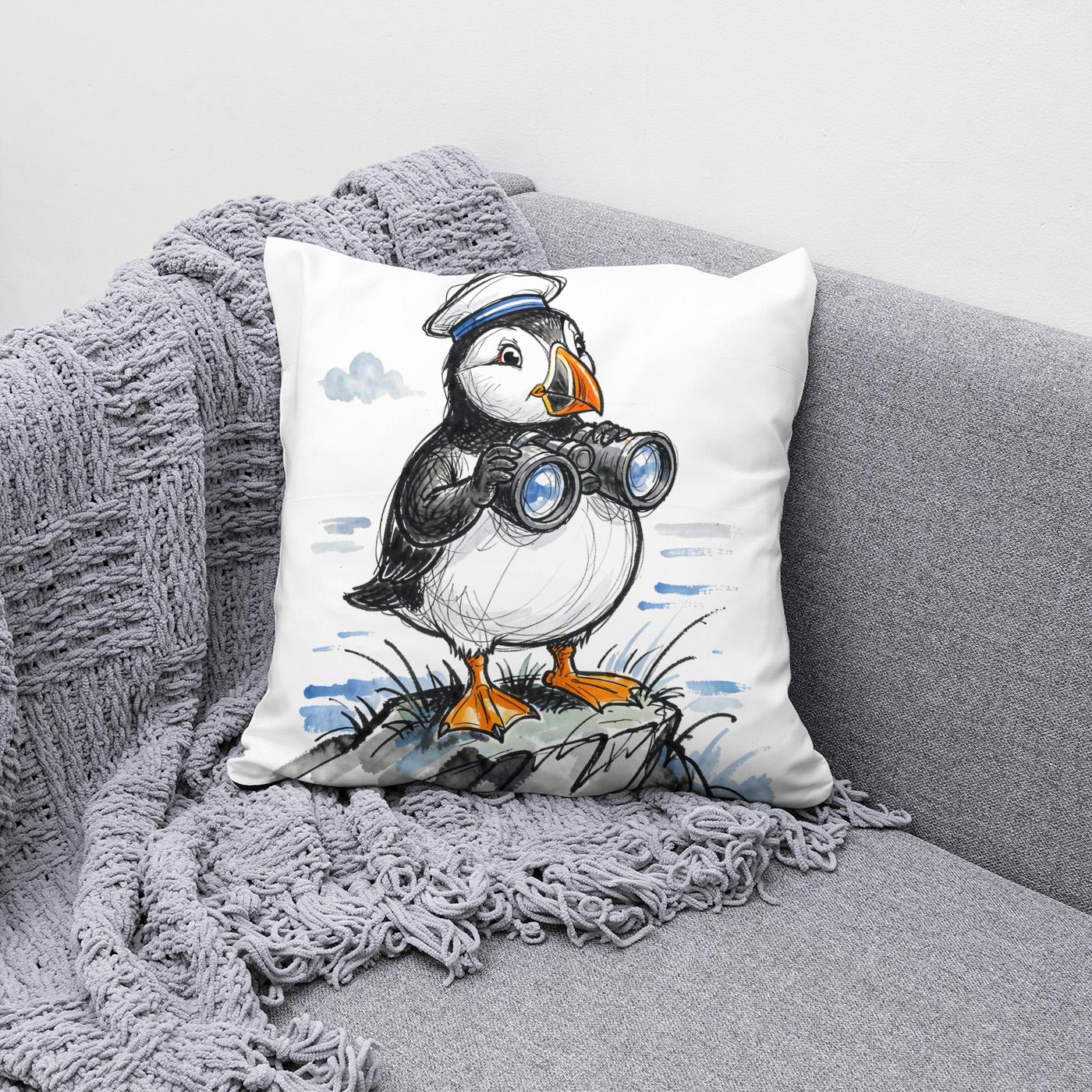 Kissen: Puffin Scouting Horizon with Binoculars Ink Illustration