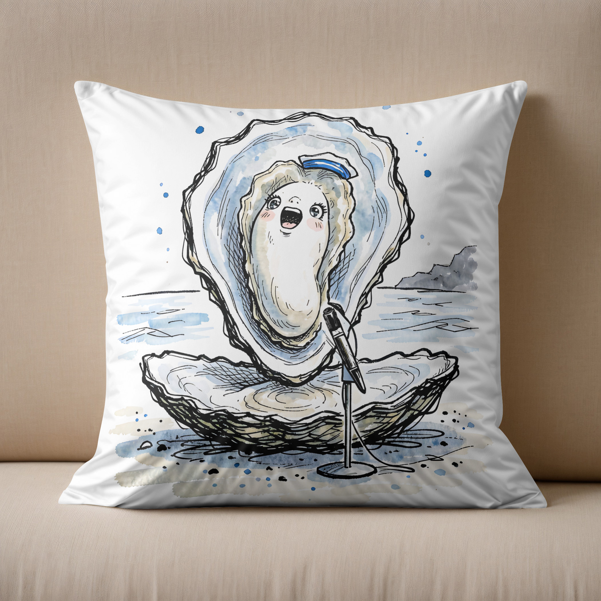 Kissen: Expressive Singing Oyster Performing in Marine Ink Illustration - Imagen 2