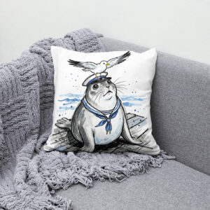 Kissen: Harbor Seal with Seagull in Marine Ink Illustration