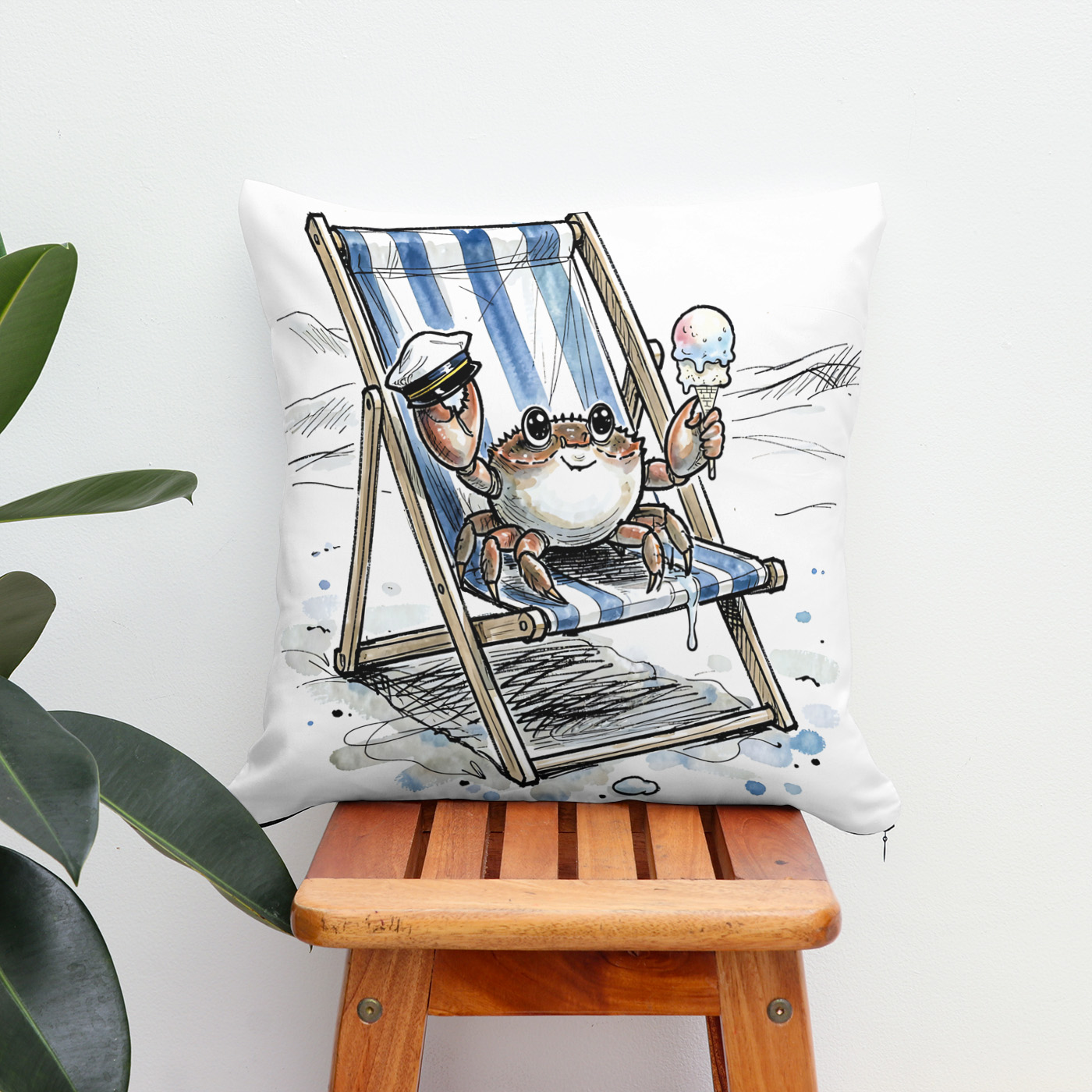 Kissen: Relaxed Beach Crab Enjoying Ice Cream Ink Illustration – Bild 2