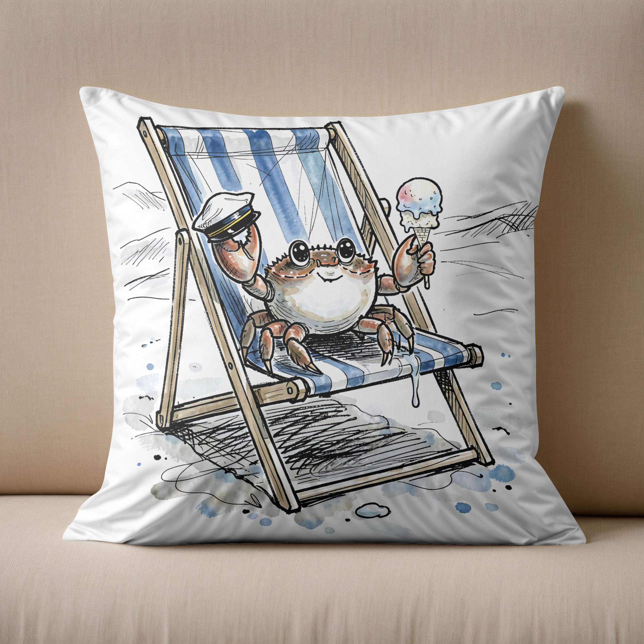 Kissen: Relaxed Beach Crab Enjoying Ice Cream Ink Illustration