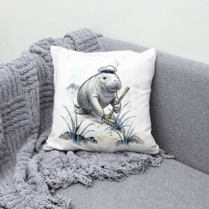 Kissen: Manatee Gardening Coastal Meadow in Gentle Ink Illustration