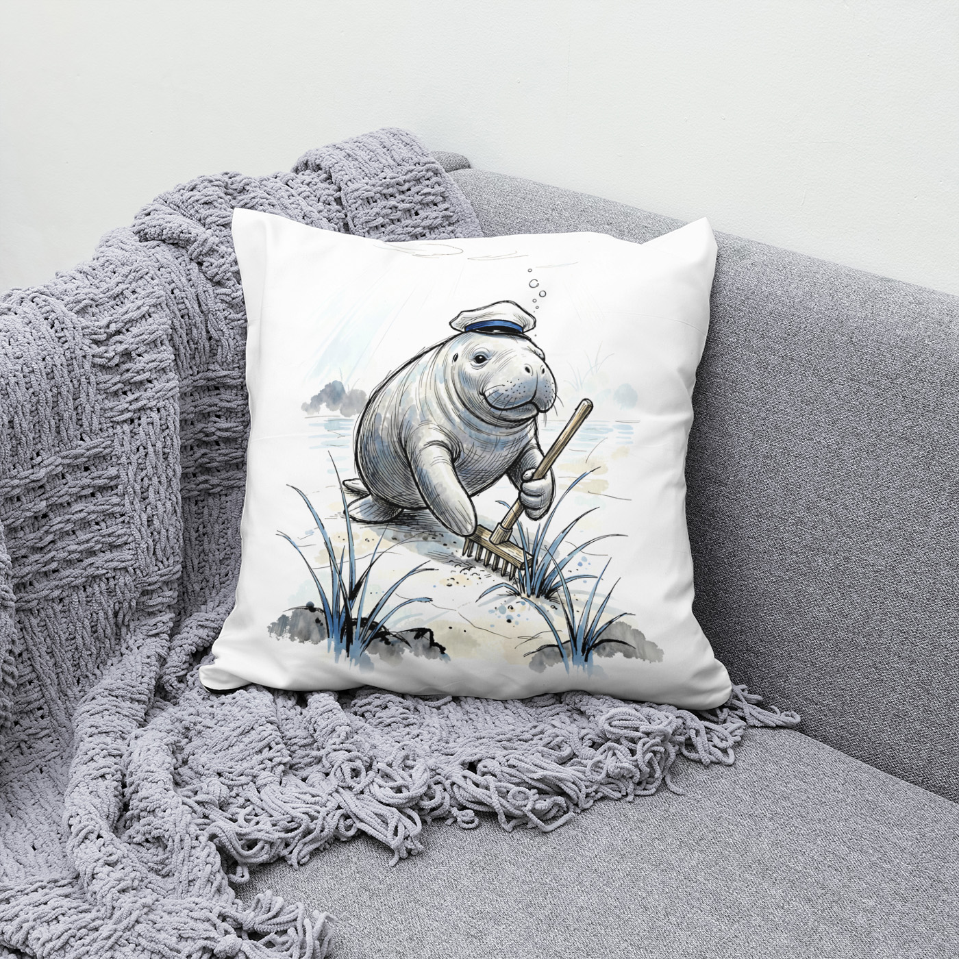 Kissen: Manatee Gardening Coastal Meadow in Gentle Ink Illustration