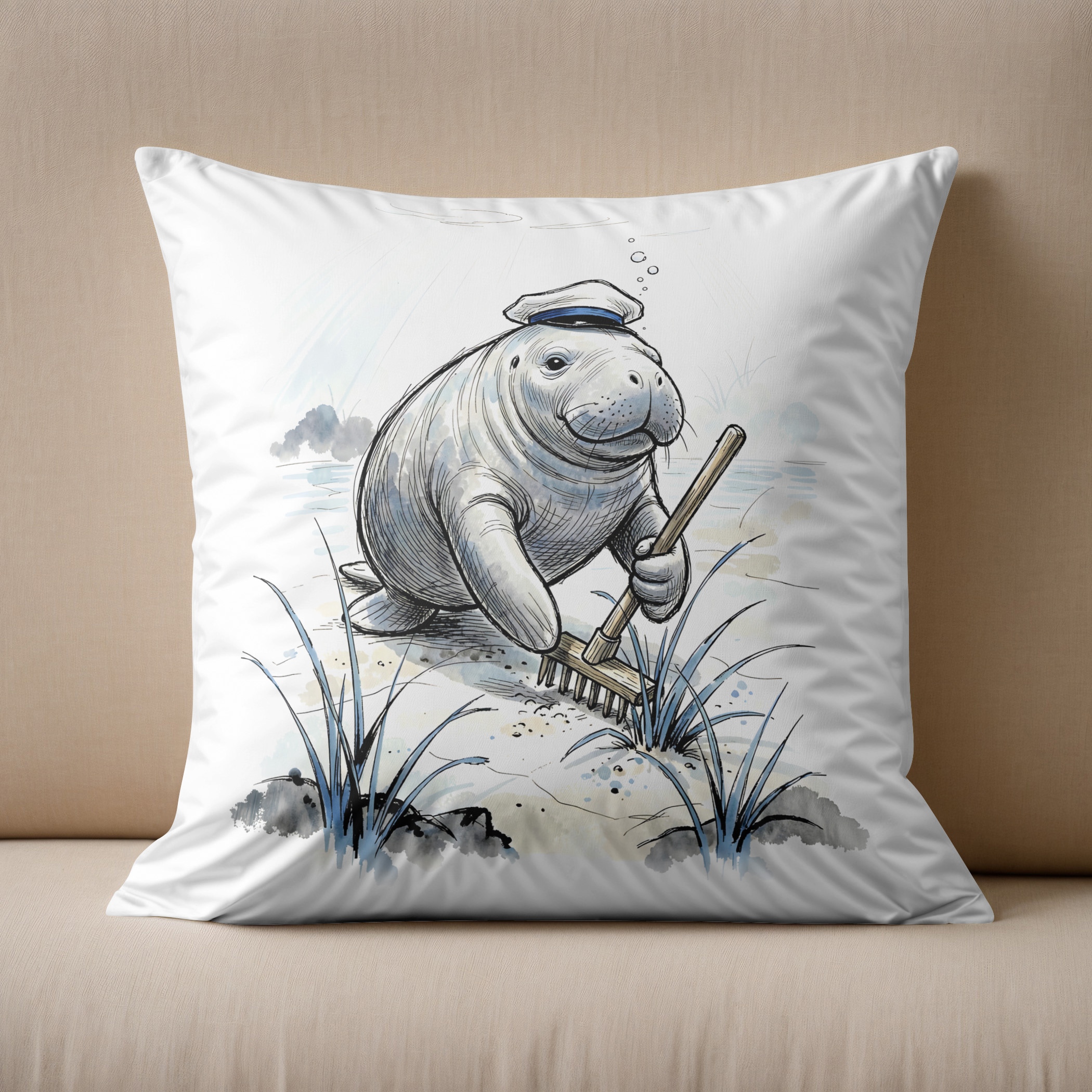 Kissen: Manatee Gardening Coastal Meadow in Gentle Ink Illustration – Bild 2