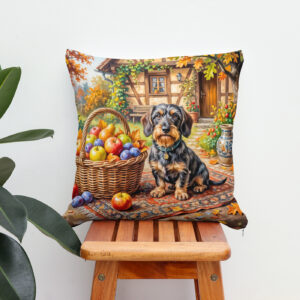 Kissen: Dachshund Sitting Beside Fruit Basket Autumn Farmhouse