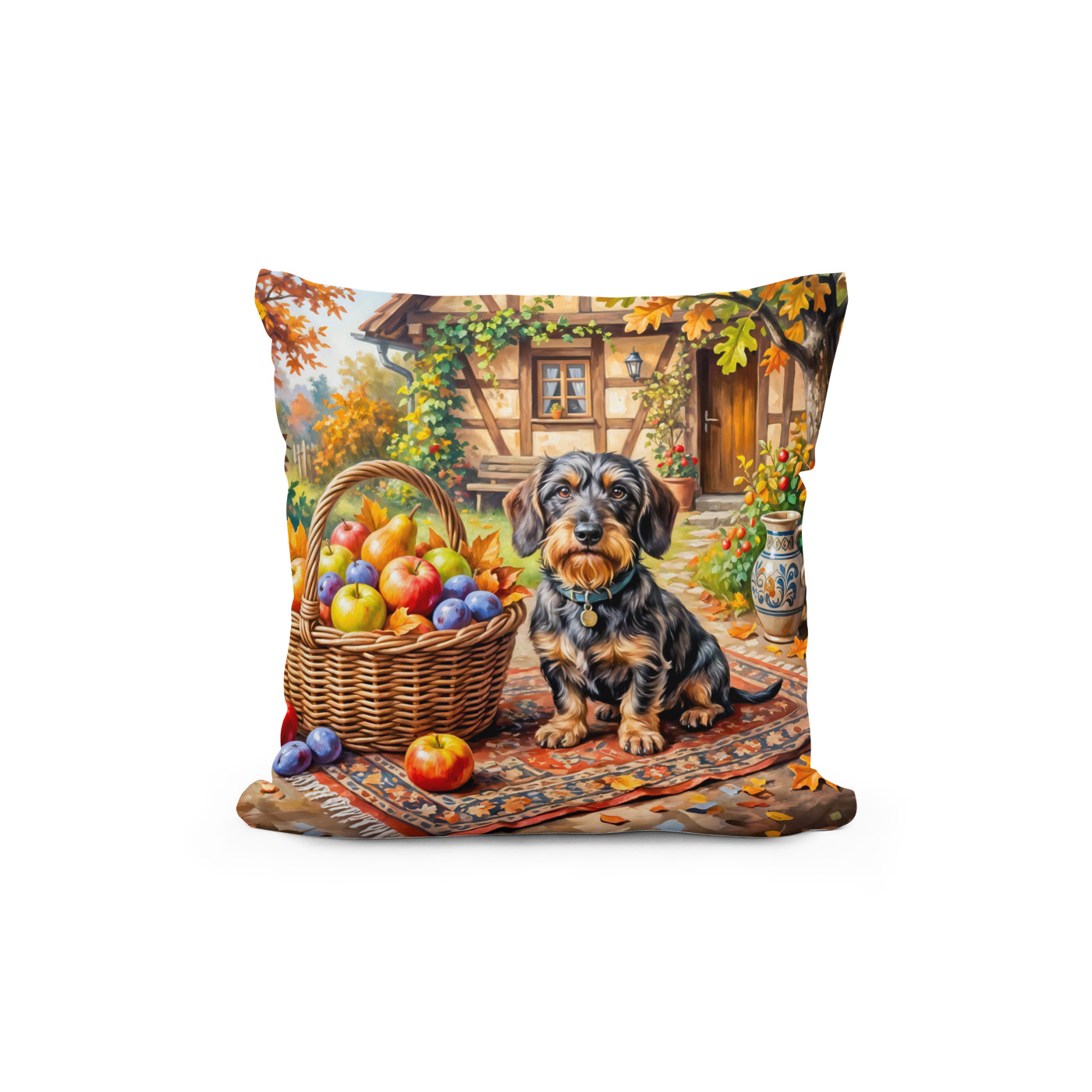 Kissen: Dachshund Sitting Beside Fruit Basket Autumn Farmhouse – Bild 2