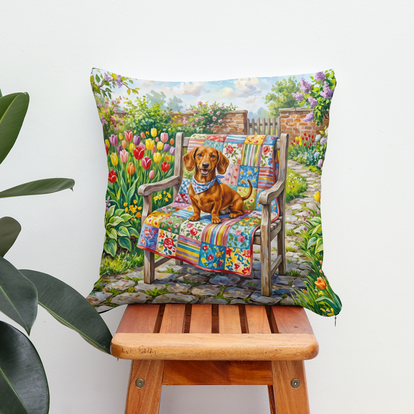Kissen: Dachshund Sitting on Patchwork Garden Chair Among Tulips – Bild 2