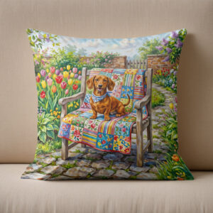 Kissen: Dachshund Sitting on Patchwork Garden Chair Among Tulips