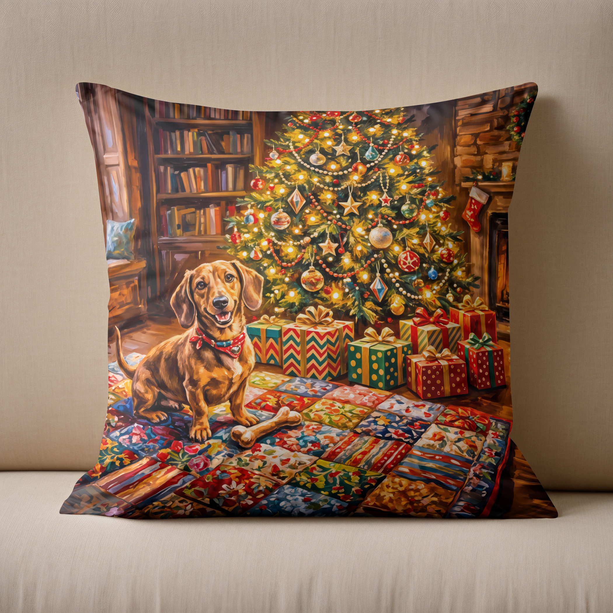 Kissen: Dachshund Resting Beside Cozy Christmas Tree Fireplace