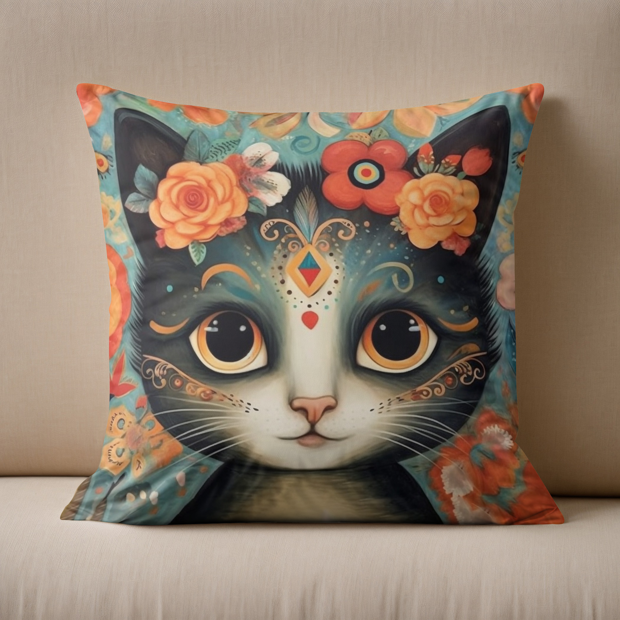 Kissen: Fröhliche Katzenkunst Im Stil von Frieda Kahlo