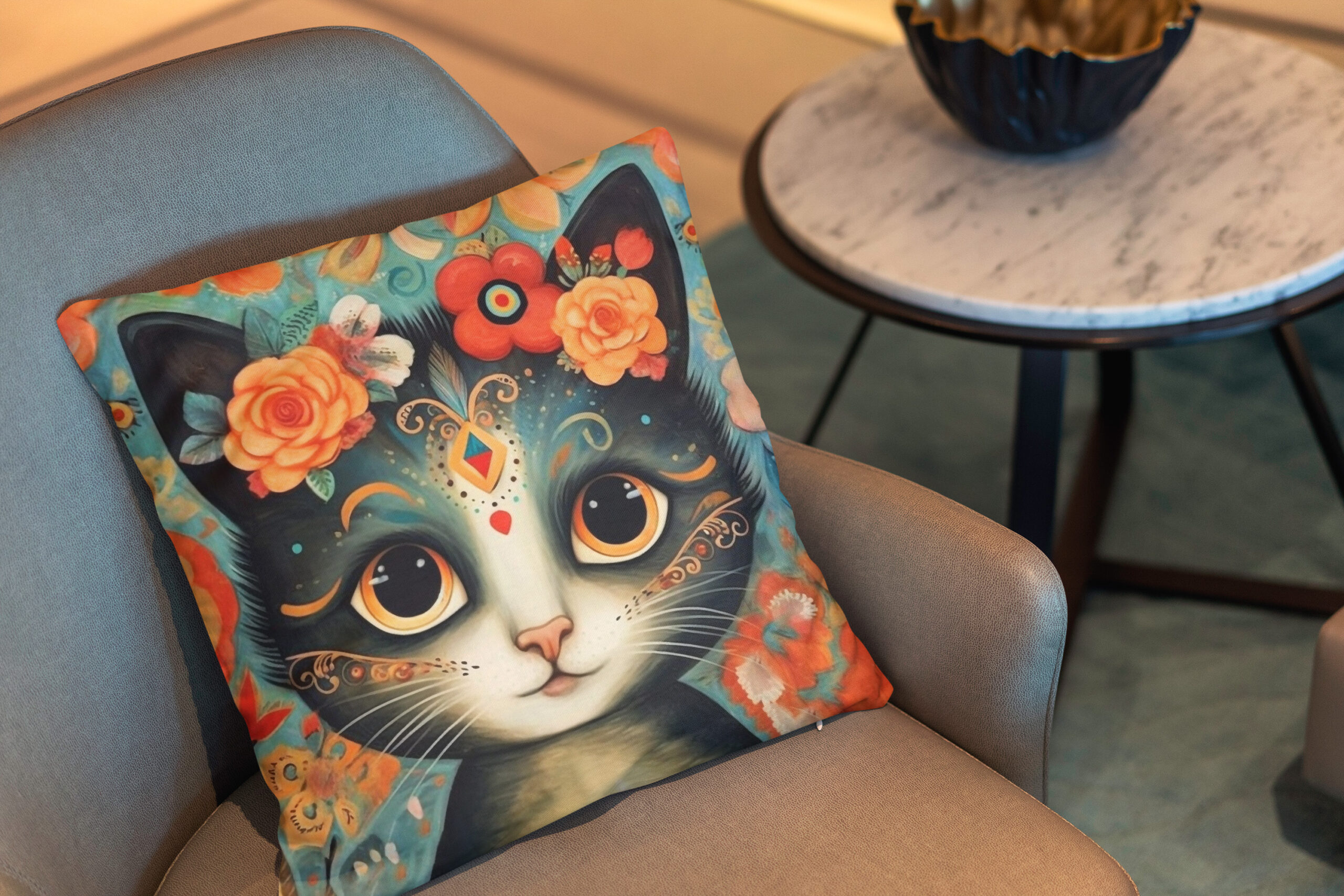 Kissen: Fröhliche Katzenkunst Im Stil von Frieda Kahlo - Imagen 2