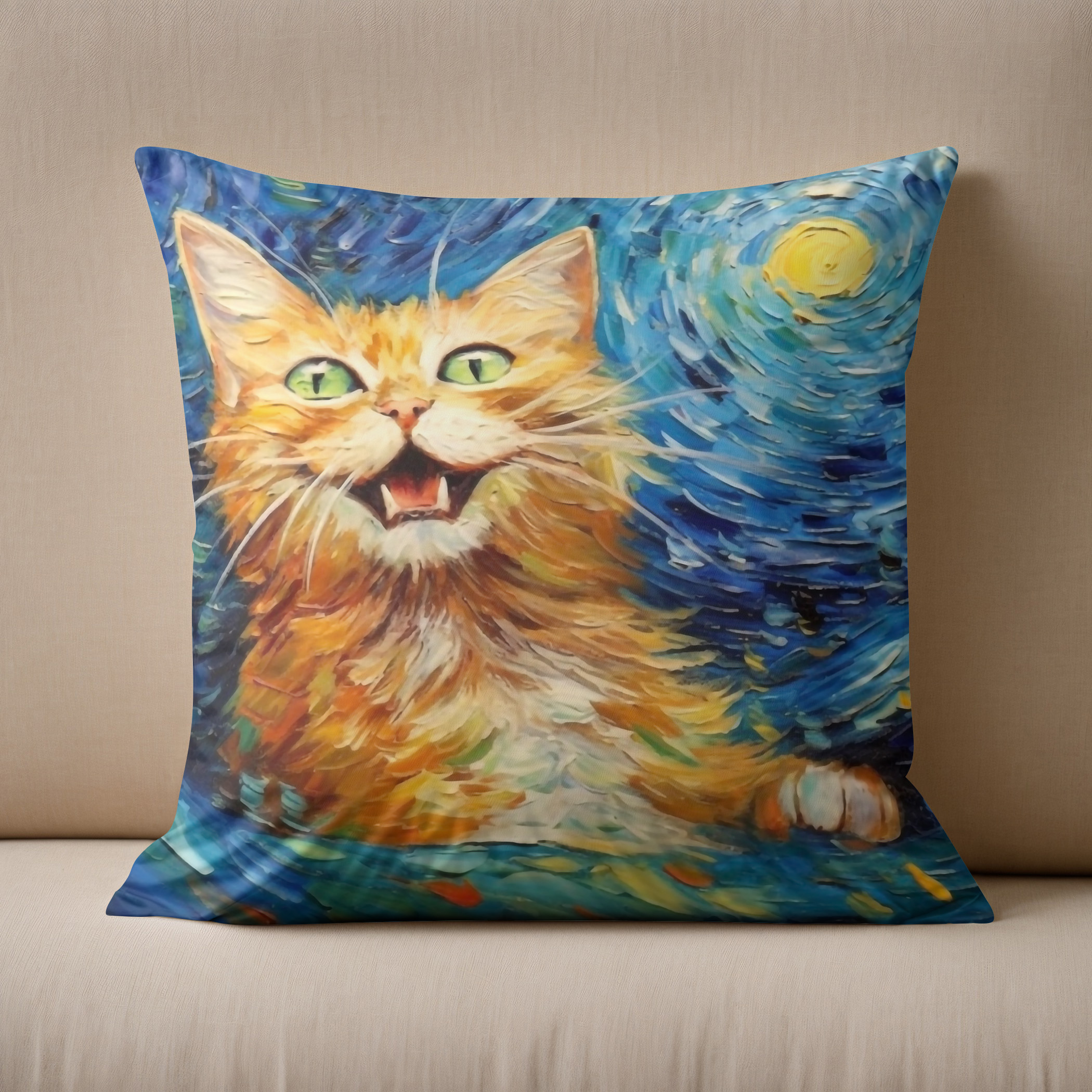 Kissen: Fröhliche Katzenkunst Im Stil von Vincent van Gogh