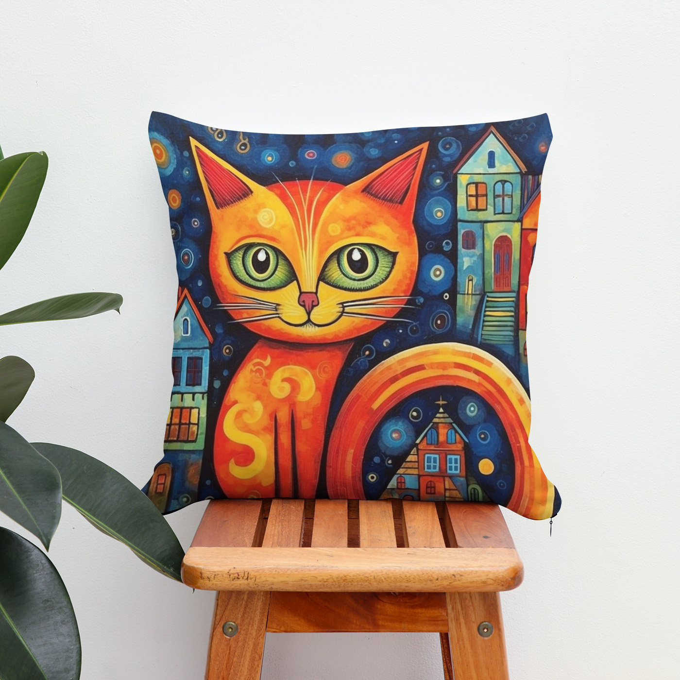 Kissen: Fröhliche Katzenkunst Im Stil von Friedensreich Hundertwasser