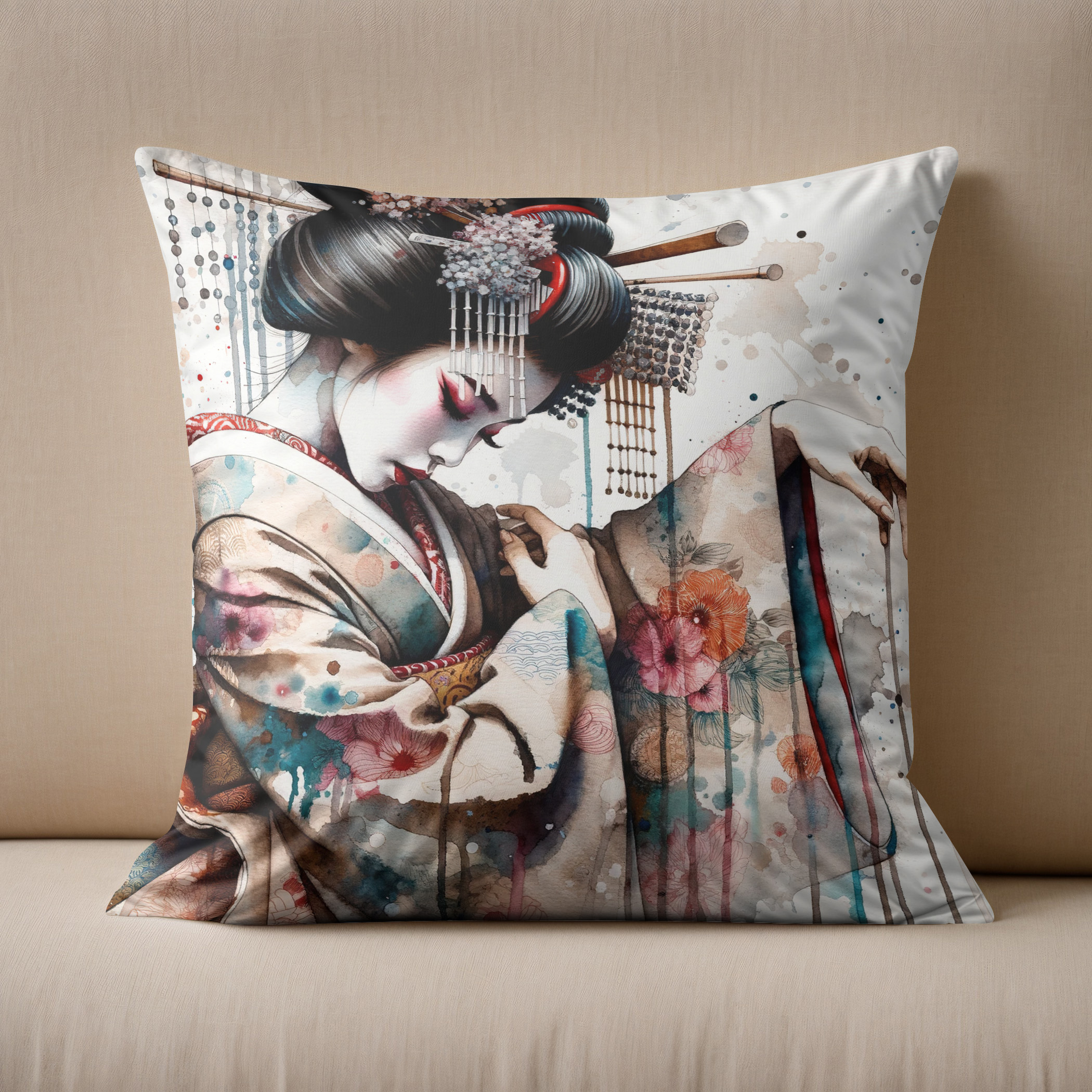 Kissen: Modern Geisha Dancer With Floral Kimono