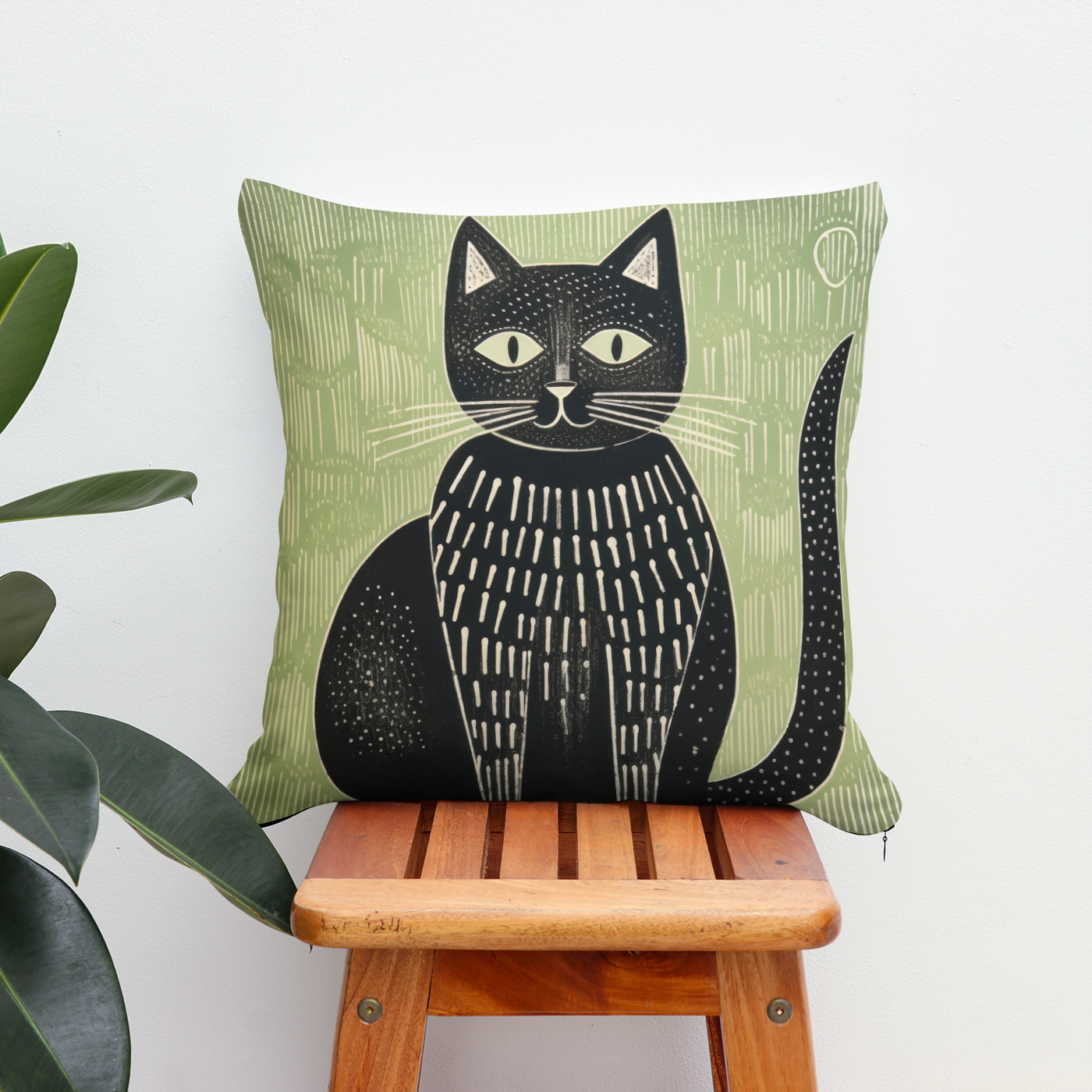 Kissen: Black Folk Cat on Sage Green