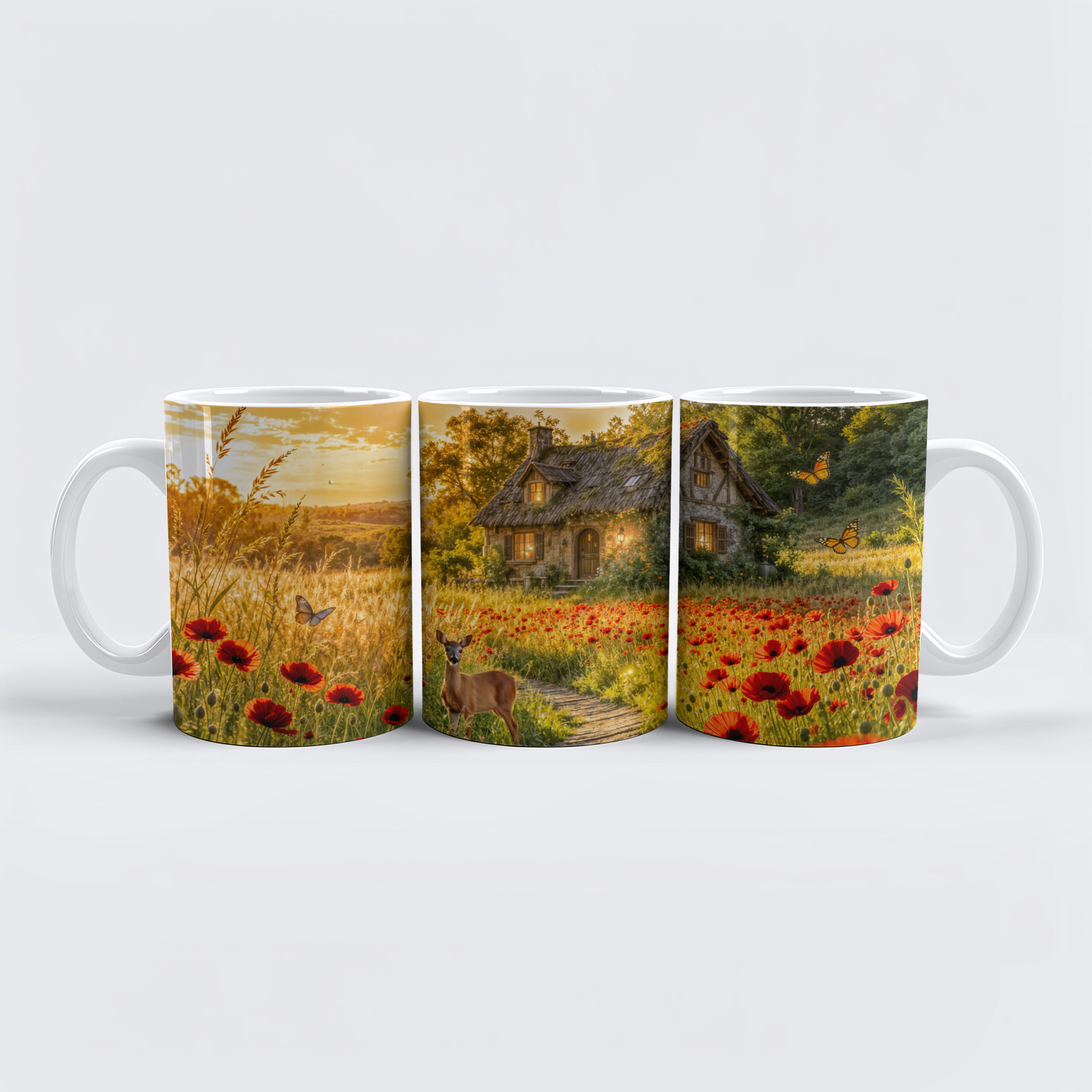 raxxa Premium-Tasse: Poppy Field Cottage with Wooden Path