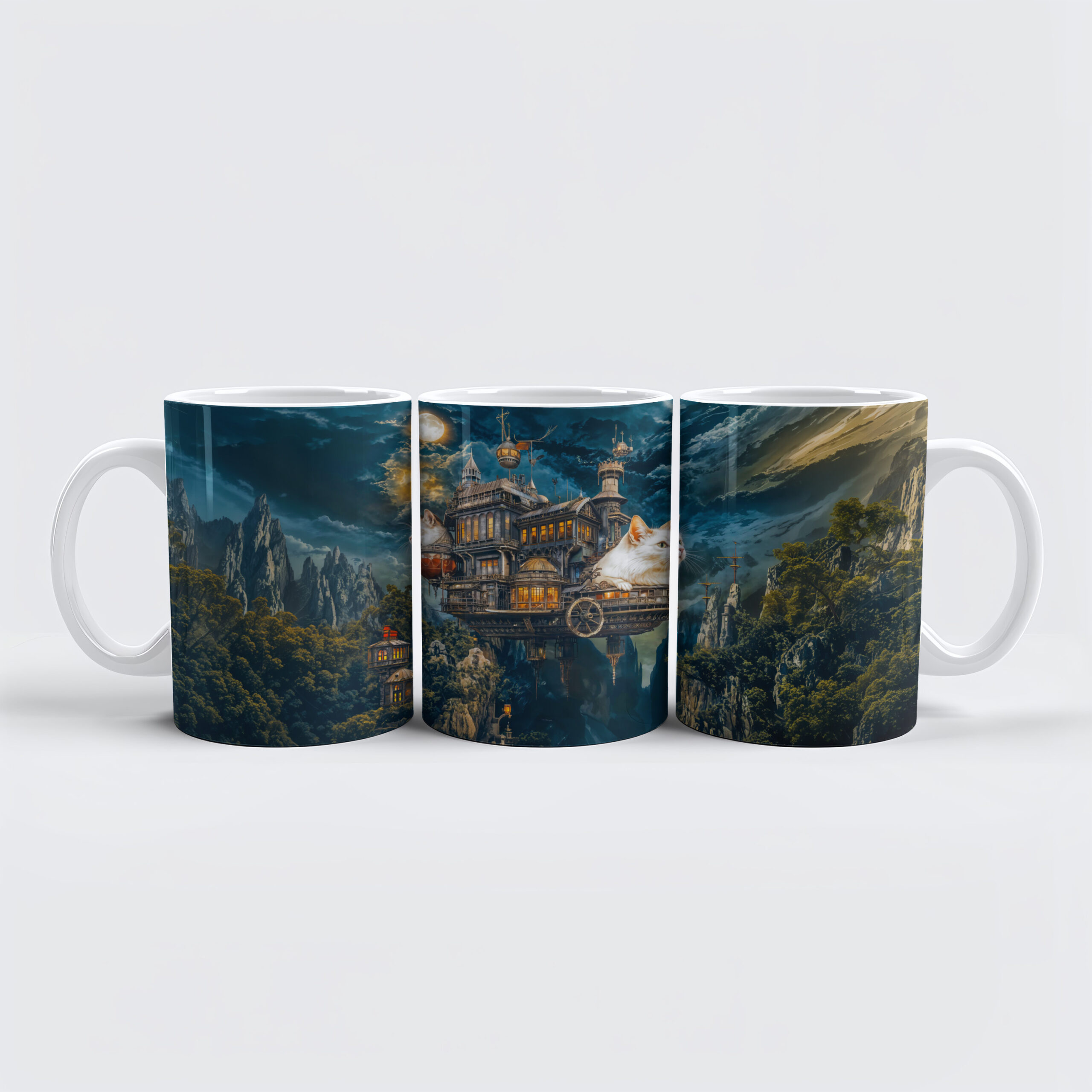 raxxa Premium-Tasse: Flying castle cats Steampunk night