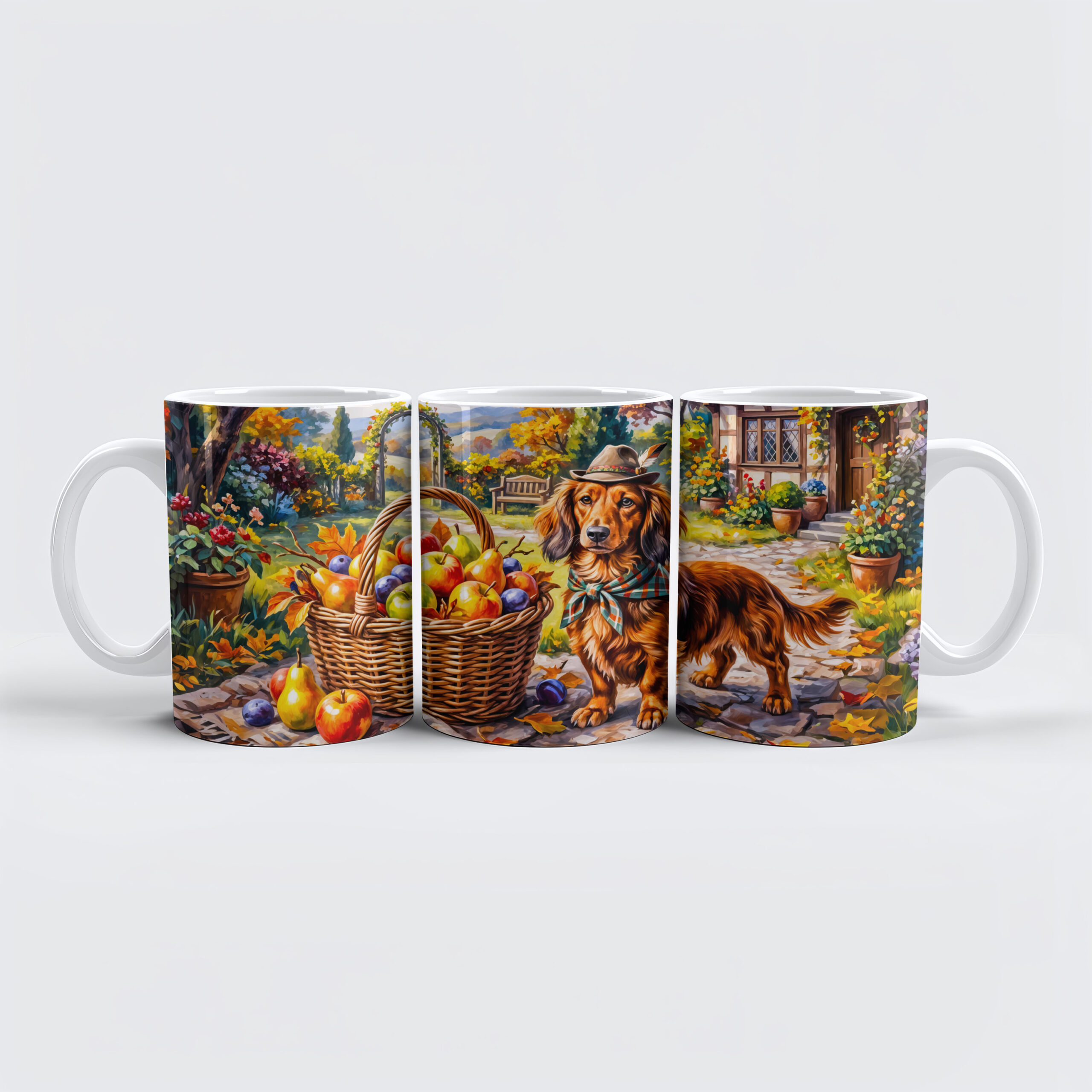 raxxa Premium-Tasse: Dachshund Sitting Beside Apples Pumpkins Autumn Garden