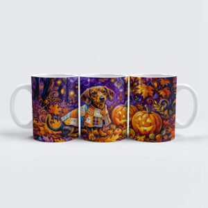 raxxa Premium-Tasse: Dachshund Sitting Among Pumpkins Under Autumn Night Sky