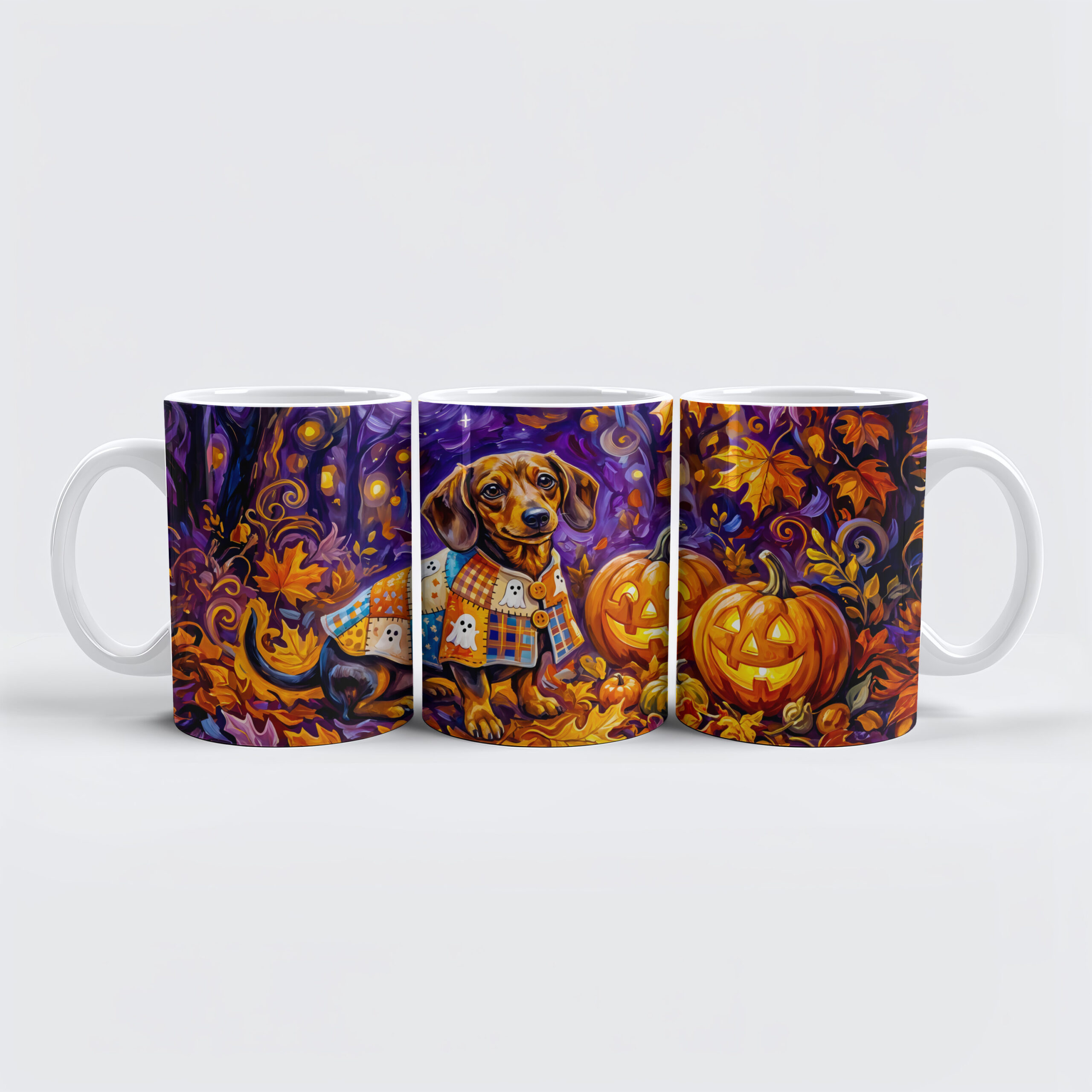 raxxa Premium-Tasse: Dachshund Sitting Among Pumpkins Under Autumn Night Sky