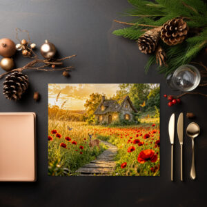 raxxa Premium-Tischset: Poppy Field Cottage with Wooden Path