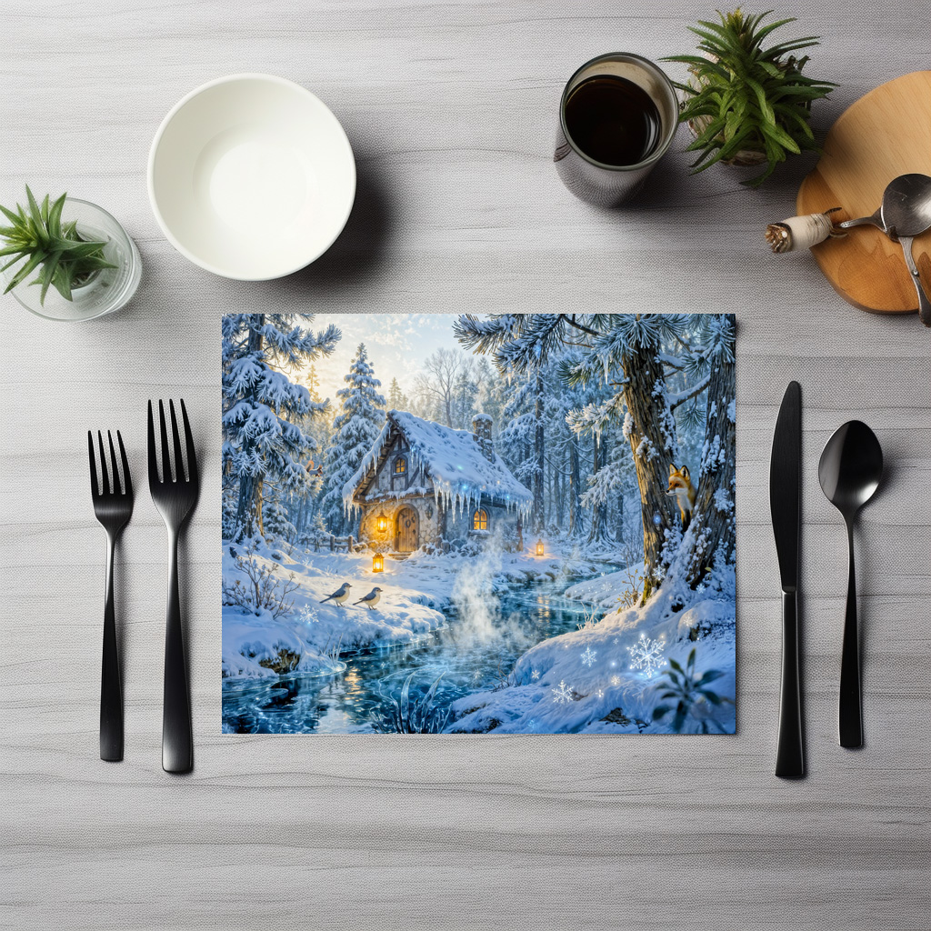 raxxa Premium-Tischset: Winter Cottage by the Forest Stream