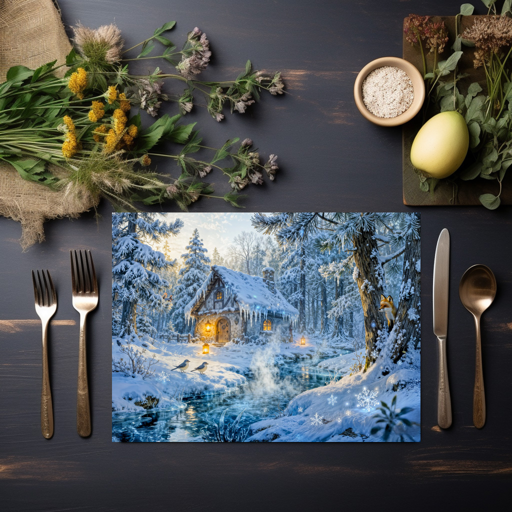 raxxa Premium-Tischset: Winter Cottage by the Forest Stream - Image 3