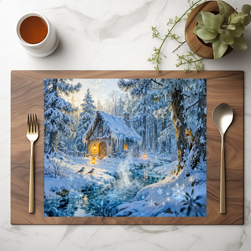 raxxa Premium-Tischset: Winter Cottage by the Forest Stream - Image 2