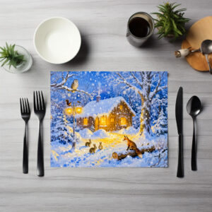 raxxa Premium-Tischset: Winter Forest Cottage with Woodland Animals