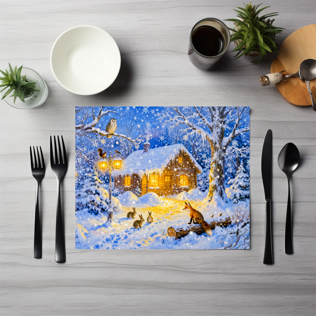 raxxa Premium-Tischset: Winter Forest Cottage with Woodland Animals