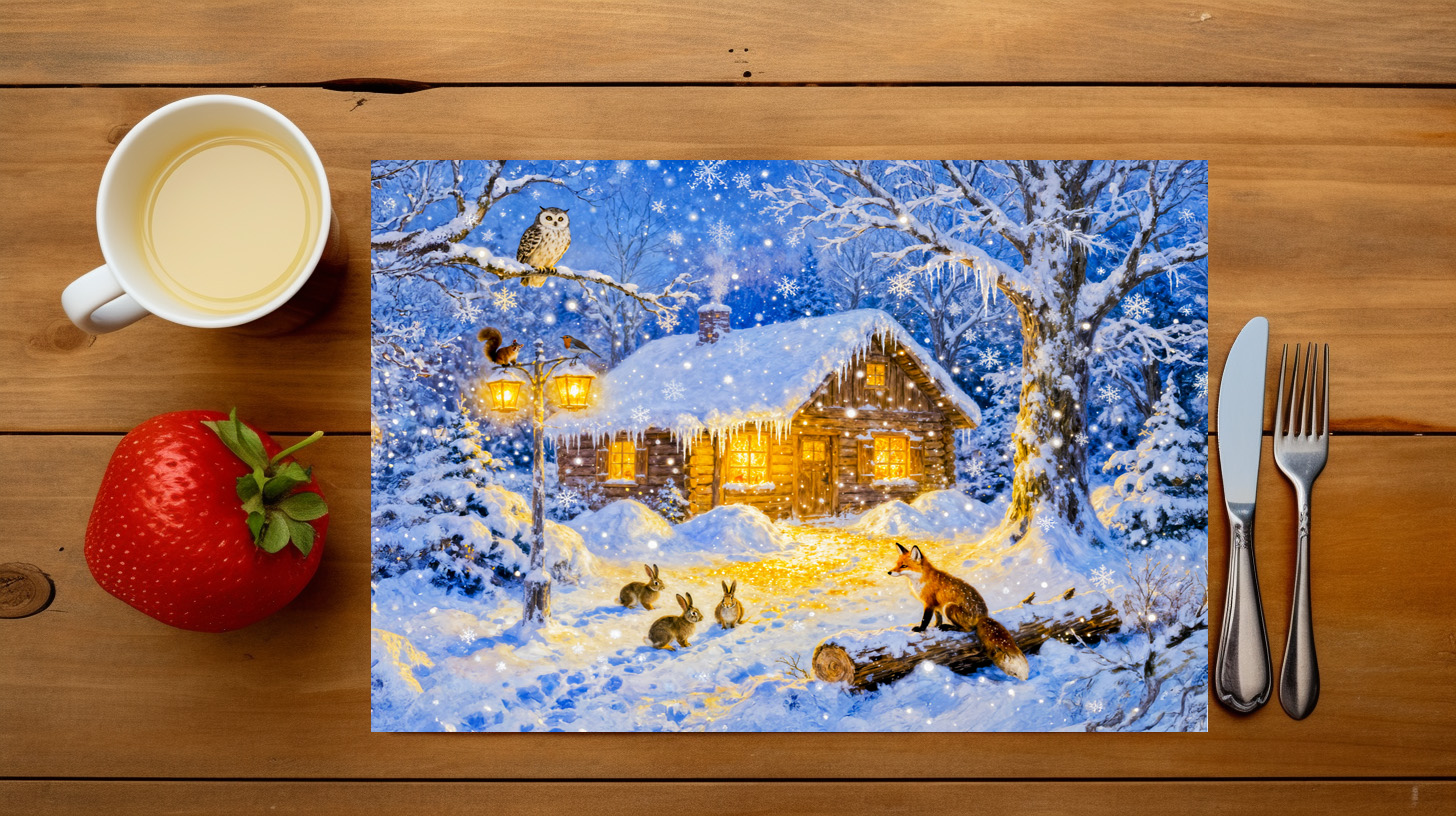 raxxa Premium-Tischset: Winter Forest Cottage with Woodland Animals – Image 2
