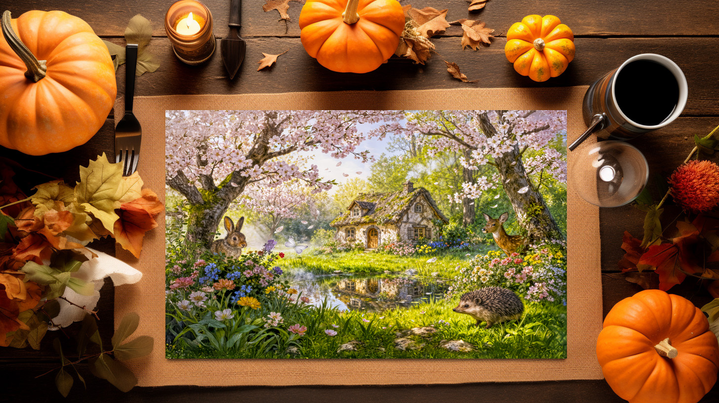raxxa Premium-Tischset: Cherry Blossom Cottage by the Garden Pond – Bild 3