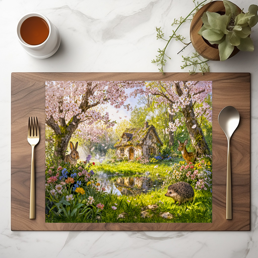 raxxa Premium-Tischset: Cherry Blossom Cottage by the Garden Pond