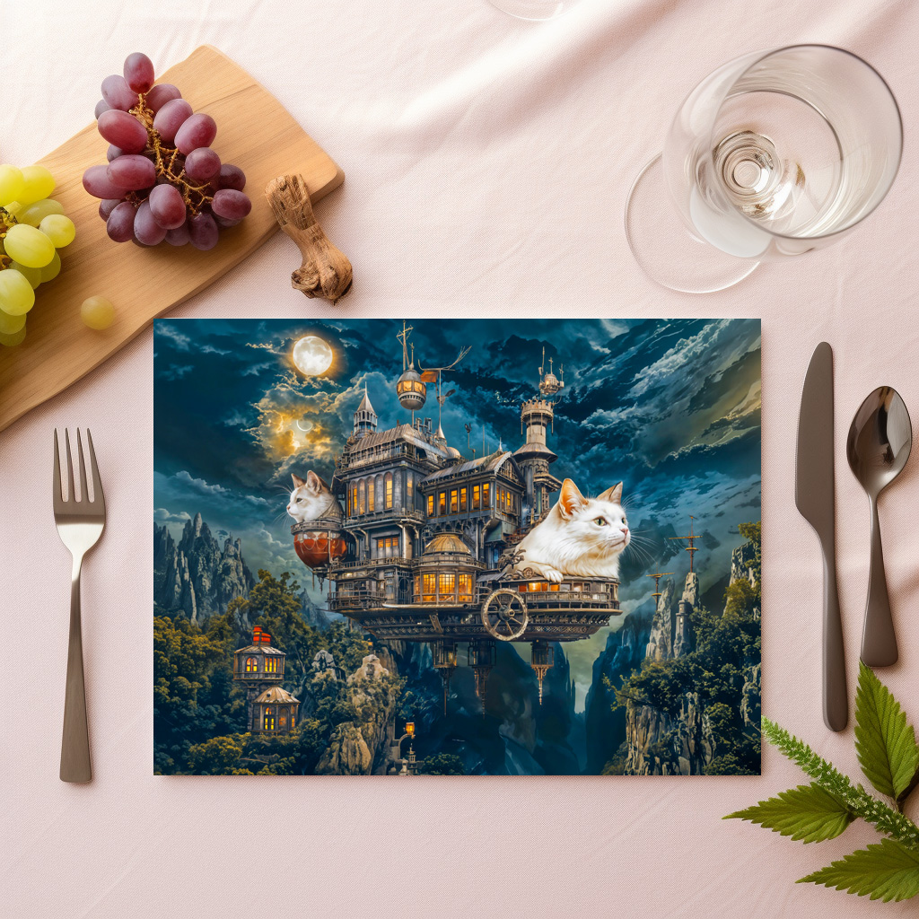 raxxa Premium-Tischset: Flying castle cats Steampunk night