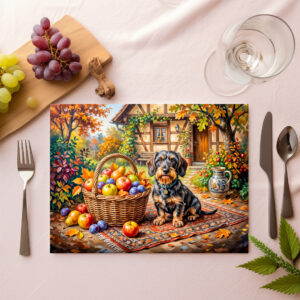 raxxa Premium-Tischset: Dachshund Sitting Beside Fruit Basket Autumn Farmhouse