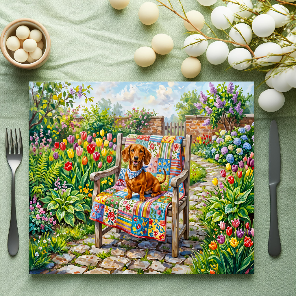 raxxa Premium-Tischset: Dachshund Sitting on Patchwork Garden Chair Among Tulips