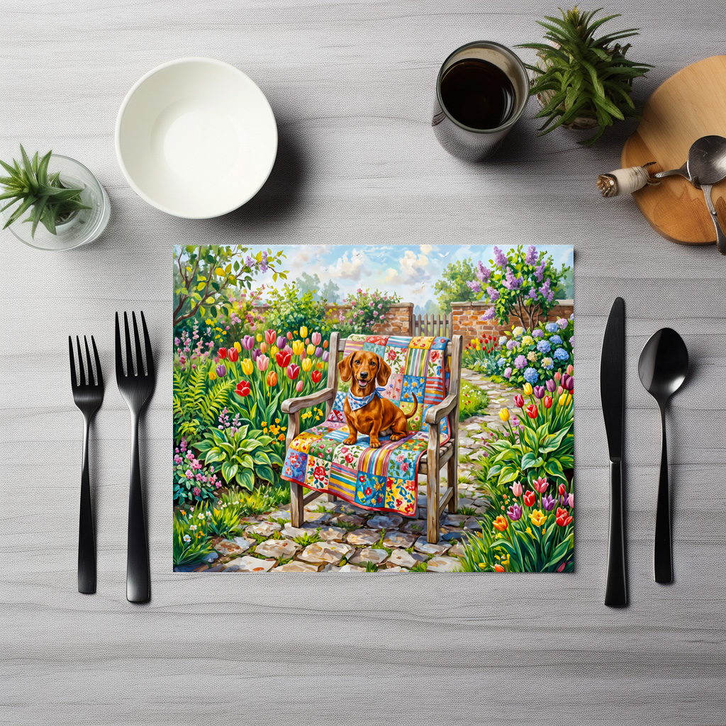 raxxa Premium-Tischset: Dachshund Sitting on Patchwork Garden Chair Among Tulips – Bild 3