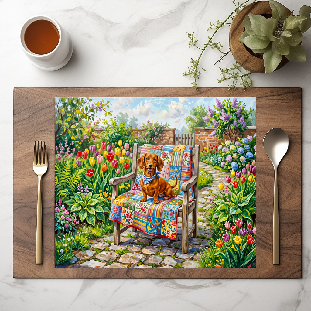raxxa Premium-Tischset: Dachshund Sitting on Patchwork Garden Chair Among Tulips – Bild 2