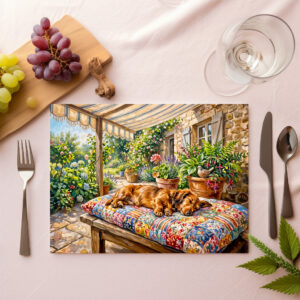 raxxa Premium-Tischset: Dachshund Resting on Patchwork Garden Bench