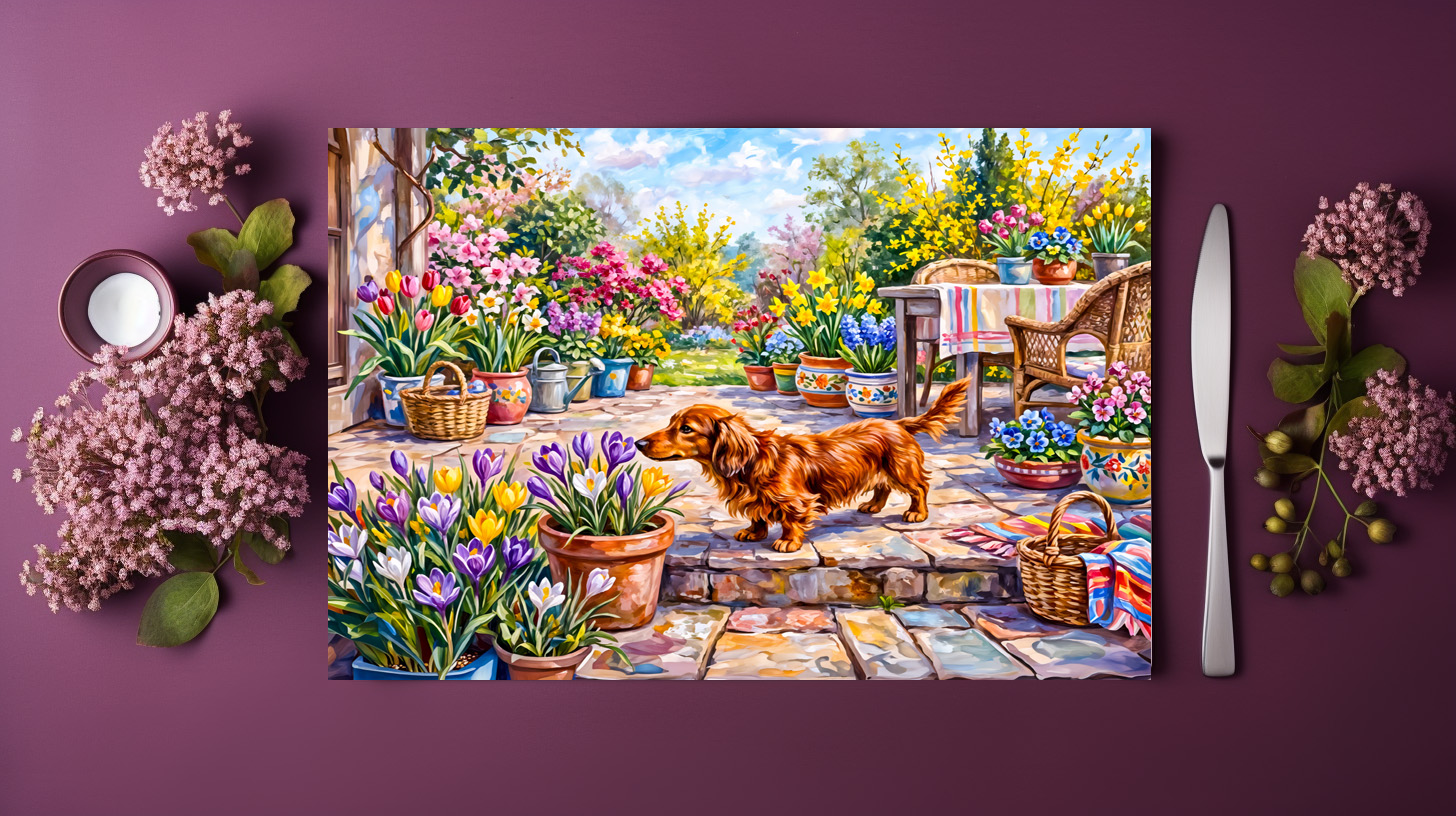 raxxa Premium-Tischset: Dachshund Walking Through Colorful Blooming Spring Garden – Bild 3