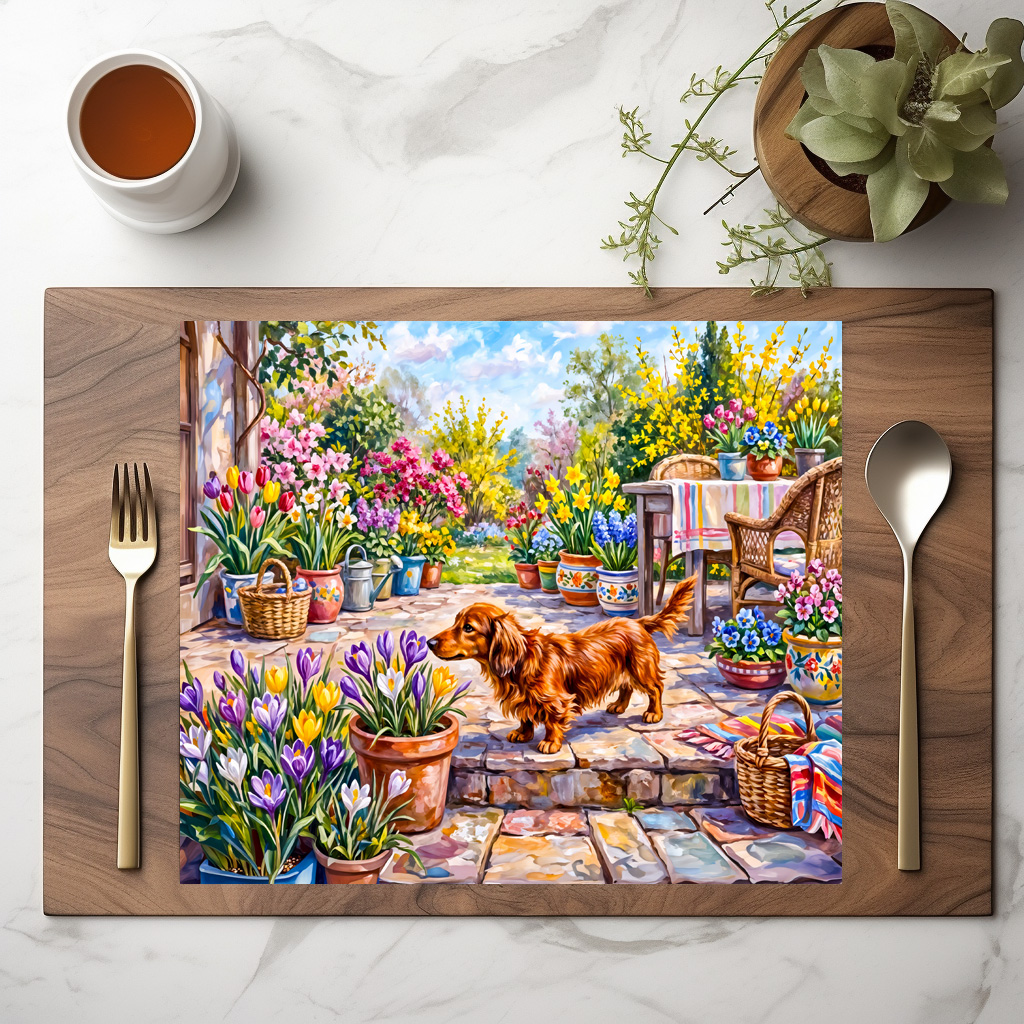 raxxa Premium-Tischset: Dachshund Walking Through Colorful Blooming Spring Garden – Bild 2